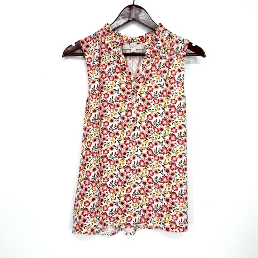 Loft Sleeveless Button Down Wildflower Print Blouse Pink Red Mustard Floral